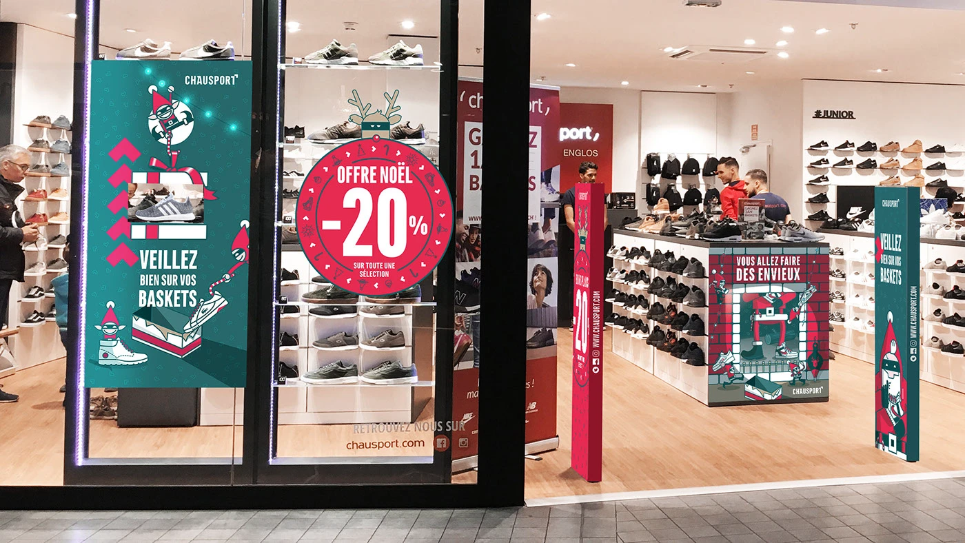 Illustrations de Noël pour les baskets diffusée en boutique à Lille.