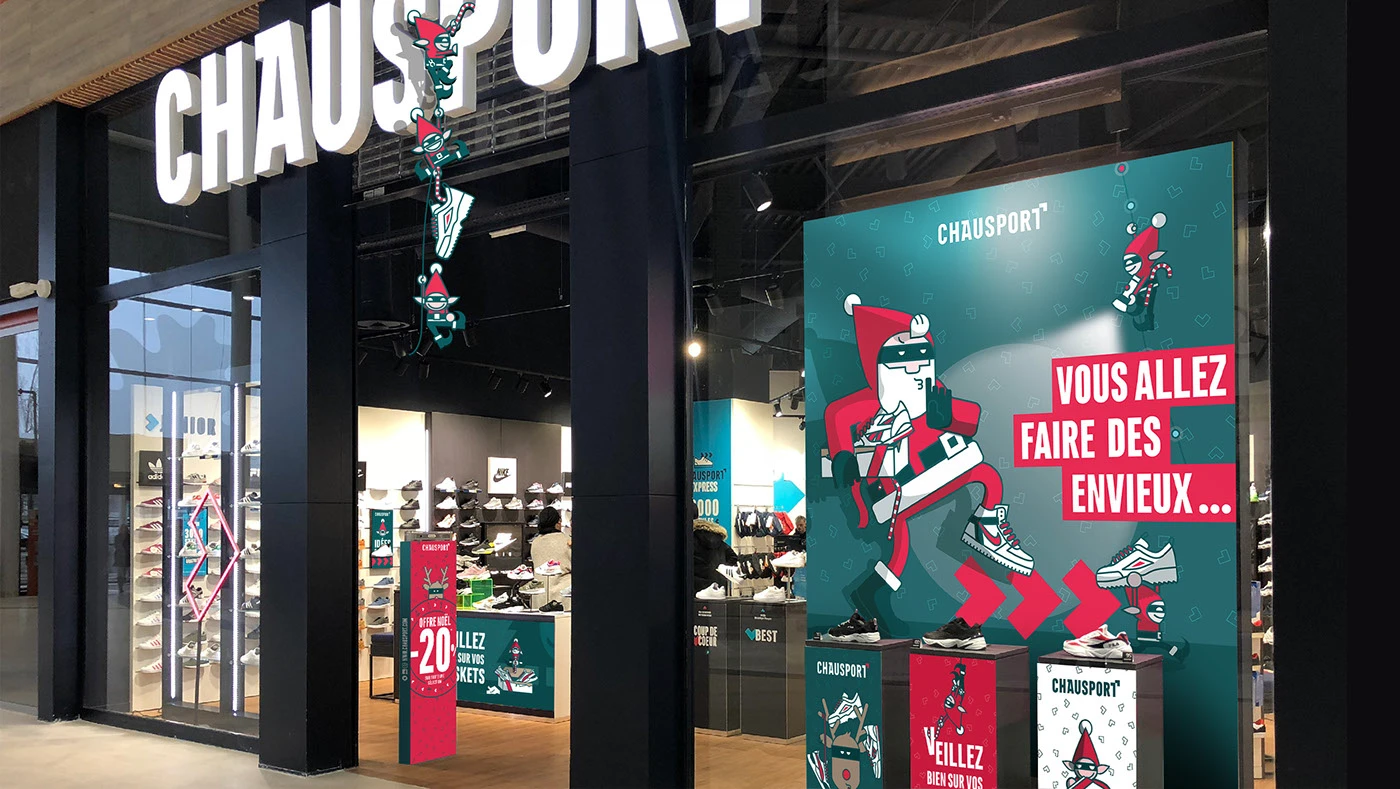 Campagne publicitaire de Noël pour les Baskets diffusée en magasin à Lille
